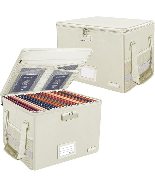 ENGPOW File Box with Lock,Fireproof Document Box with Zipper Lid,Collapsible File Storage Organizer Filing Cabinet with Handles,Portable Home Office Safe for Hanging Letter/Legal Folders,Beige,2 Pack