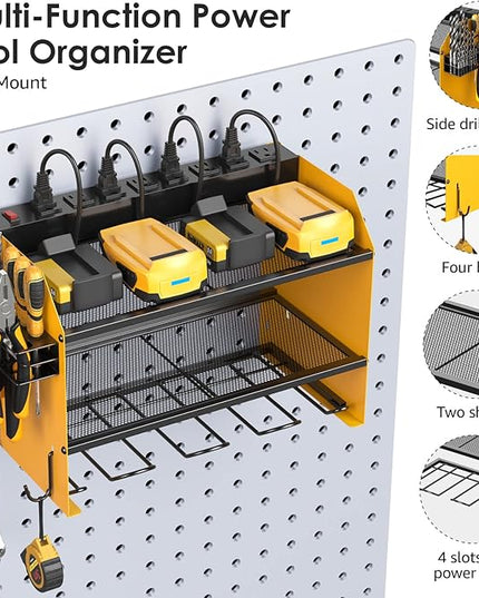 CCCEI Modular Power Tool Organizer Wall Mount with Charging Station. Garage Drill Storage Shelf with Hooks, Heavy Duty Rack, Tool Battery Holder Built in 8 Outlet. Gift for Men. Yellow, 2 Pack.