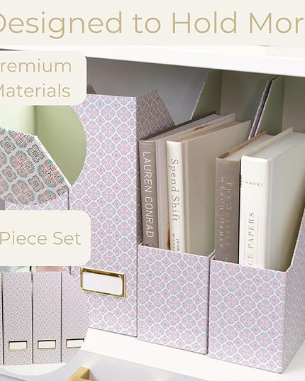 BLU MONACO | Foldable Magazine File Holder Set of 4 | Moroccan Tile Cardboard Organizers | Vertical Desk and Shelf Storage for Home Office Dorm | Decorative File Boxes