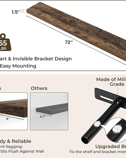 RICHFOCUS 72Inch Floating Shelves for Wall 2 Pack Shelves for Bedroom|Kitchen|Bathroom Wall Mounted Rustic Wood Floating Shelf with Invisible Brackets for Books|Storage|Decor, Rustic Brown