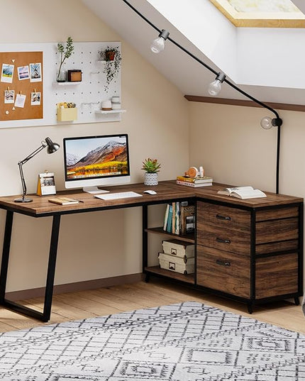Tribesigns L-Shaped Computer Desk with 3 Drawers, Reversible Corner Home Office Desk with Shelves, 53-Inch Industrial PC Desk Study Writing Table Workstation for Small Space, Rustic Brown