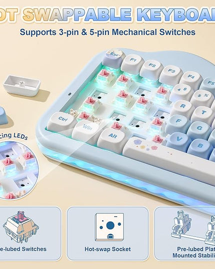 YUNZII C75 Wireless Mechanical Keyboard,75% Layout, Hot-Swappable NKRO,BT5.0/2.4G/USB-C Mode,Dye-Sub PBT MOA Keycaps,RGB Gasket Mount,Cute Cake Design for Mac/Win/Gaming (Blue, Candy Switch)