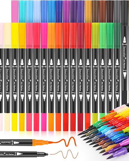 Soucolor Art Brush Markers Pens for Adult Coloring Books, 36 Colors Numbered Dual Tip (Brush and Fine Point) Marker Pen for Note taking Planner Hand Lettering Calligraphy Drawing Journaling