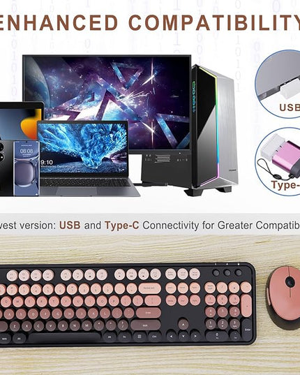 Wireless Keyboard and Mouse Combo, Ergonomic Full Size Typewriter Retro Round Keycaps Keyboard, Compatible with Windows, PC, Perfer for Home and Office Keyboards (Aurora Red)