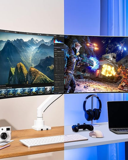 AVLT Single 17"-57" Super Ultrawide Monitor Arm for Screens Up to 59.5 lbs, Premium Aluminum Desk Stand, Adjustable Pneumatic Height, Full Motion Swivel Tilt Rotation, USB-C & USB-A Ports, White