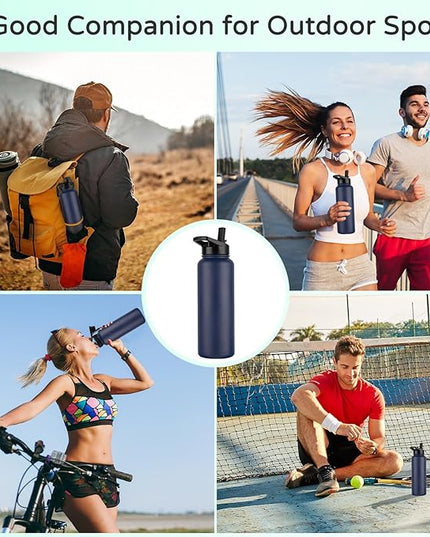 DOMICARE 40 oz Insulated Water Bottle Bulk, Vacuum Insulated Stainless Steel Sports Water Bottle with Straw Lid & Spout Lid, Leakproof, Reusable - Travel, Camping, Bike, Navy Blue (4 Pack)