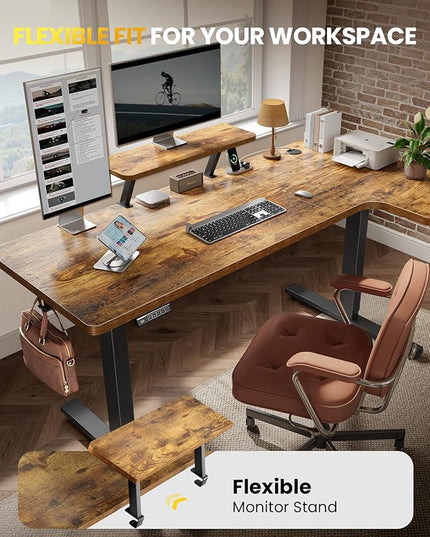 L-Shaped Standing Desk - 63 Inch Adjustable Corner Standing Desk with Flexible Monitor Stand, Electric Sit Stand Computer Table with Memory Controller for Home Office