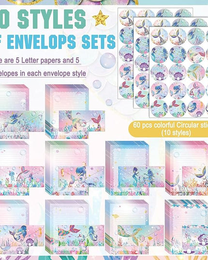 TaoBary 160 Pcs Stationery Paper Set 50 Double Sided Stationery Papers with 50 Matching Envelopes and 60 Round Dot Sticker, 10 Design(Mermaid,8.5 x 11 Inch)