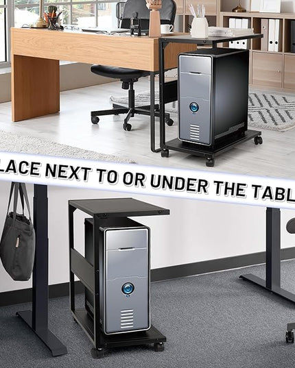 PC Stand Computer Tower Stand 2-Tier Metal CPU Holder with Locking Caster Wheels Suitable for Most PC (Black, L)