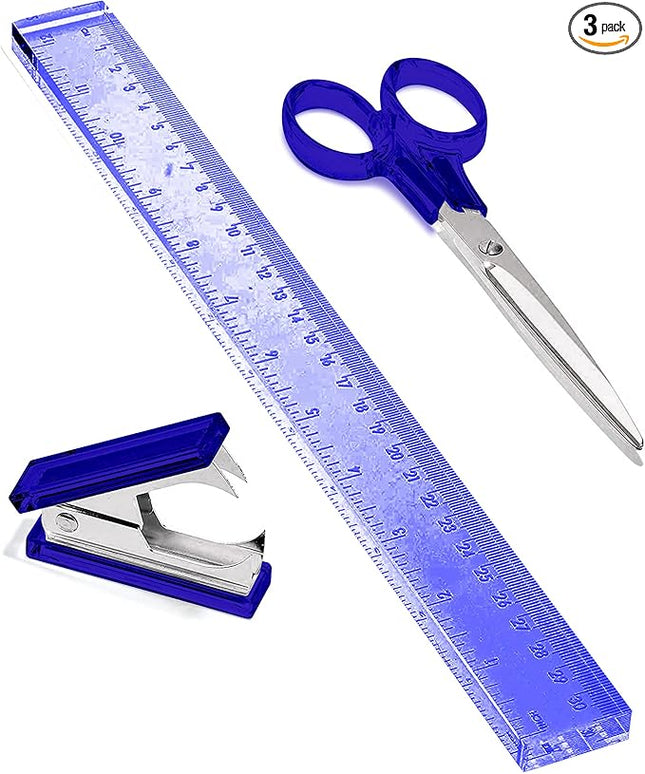 OfficeGoods 3 Piece Acrylic Desk Set - Includes Ruler, Staple Remover, Scissors - Functional & Elegant Desk Accessories - Stationery Tools for Home, Office, and School - Blue with Silver Metal