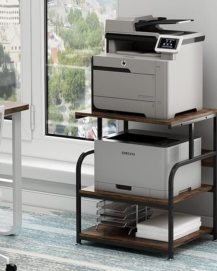 Large Printer Stand with Adjustable Storage Shelf, 3 Tier Printer Cart with Wheels for Home Office Organization, Rolling Table Stand for Heat Press Mini Fridge, Industrial Style
