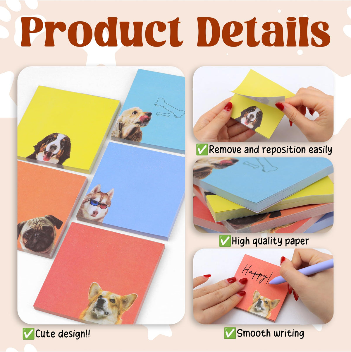 5 Pads Cute Sticky Notes Set, 3" x 3" Dog Self Stick Notepads, Funny Dog Stationery, Kawaii Adhesive Memo Pads, Dog Lover Gifts, Office Decor Desk Accessories, School Supplies