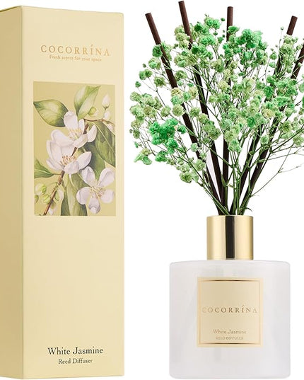 COCORRÍNA Reed Diffuser - White Jasmine 6.7 Fl.oz Reed Diffuser Set with Sticks & Preserved Baby's Breath, Reed Diffuser for Home Bathroom Shelf Decor