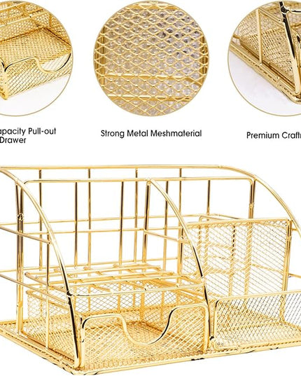 Gold Desk Organizers and Accessories Office Supplies Set Stapler, Pen Holder, Phone Holder, Scissors, Pen, Ruler, 30 Paper Clips, 22 Binder Clip, 20 Tacks and 1000pcs Staples (Gold)