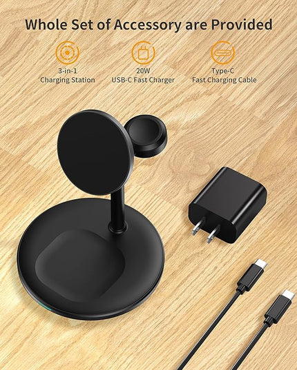 XooFly 3 in 1 Wireless Charging Station for Apple Devices, Fast Wireless Mag-Safe Charger Stand with 20W Adapter for iPhone 17/16 15 14 13 12 Pro Max/Pro/Plus/Air/Mini, iWatch, AirPods (Black)