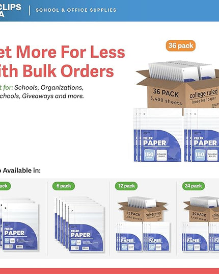 Loose Leaf Paper College Ruled Notebook Paper College Ruled Lined Writing Filler Paper 10.5” x 8” 5400 Sheets 150 Sheets Per Pack 60 gsm (36 Pack)