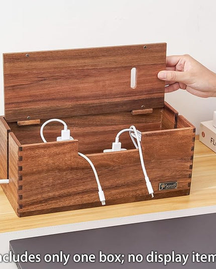 Cable Management Box, Acacia Wood Cord Hider Organizer for Power Strips, TV, Desk & Floor Wires, Under Desk Cable Storage Box for Office & Home