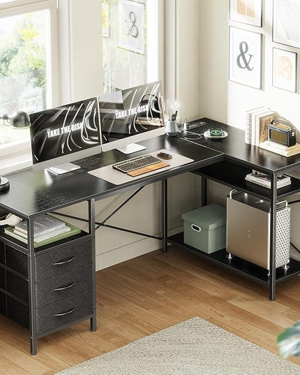 Huuger L Shaped Office Desk with Power Outlets, 55 Inch Computer Desk with 3 Drawers, Shelves, Reverisble for Gaming Corner Work Home Office Study, Black