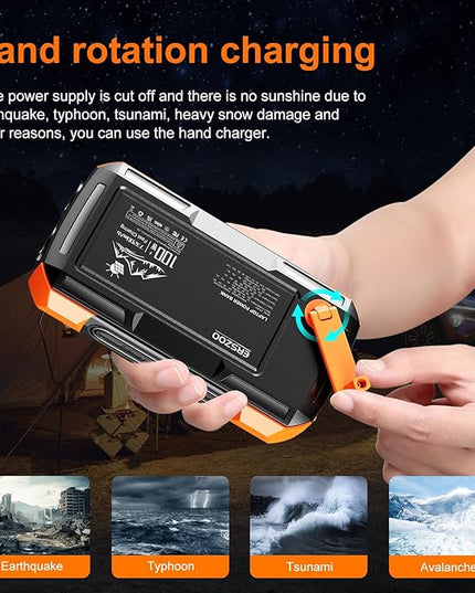 Solar Charger Power Bank 73200mAh, Portable Laptop Charger with 100W USB-C in/Output, Built-in Cables, Hand Crank Power Bank for Mobile Phones, Ideal for Outdoor Use with SOS/Strobe/Strong (orange)