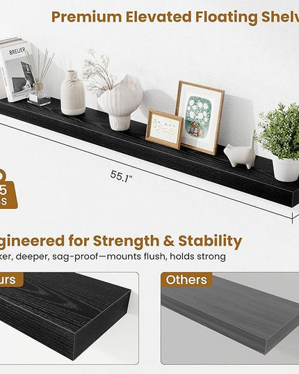 Fun Memories 55 Inch Floating Shelves Bedroom, Large Extra Floating Shelf Set of 2 with Invisible Brackets, Black