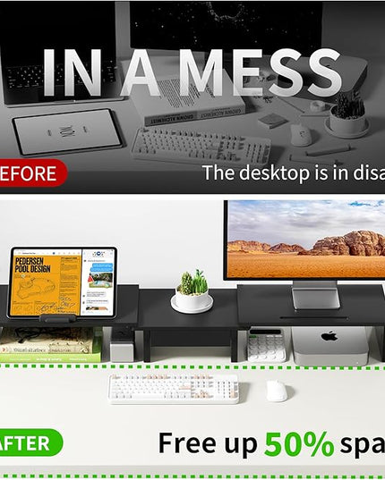Dual Monitor Stand Riser - Computer Monitor Stand for 2 Monitors，Office Desktop Organizer，Adjustable Length and Angle 3 Shelf with Storage Drawer Phone Holder for Monitors and Laptops-Black