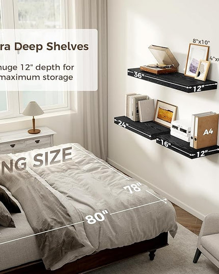 Black Floating Shelves 36 Inch Long, 12 Inch Deep Floating Shelves for Wall, 36 x 12 Shelves for Wall Storage & Display, 2" Thick Floating Shelf for Bathroom, Living Room, Bedroom, Set of 2