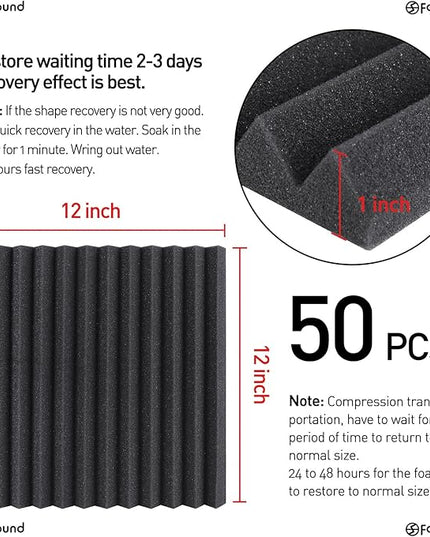 Focusound 50 Pack Acoustic Foam Panels 1" x 12" x 12" Sound Proof Foam Panles Soundproofing Noise Cancelling Wedge Panels for Home Office Recoding Studio with 300PCS Double-Side Adhesive