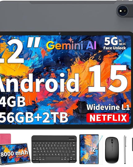 2025 12 Inch Tablet, Android 15 Tablets with Keyboard, 24GB+256GB+2TB Expand, 2K Display, Tablet PC with 5G WiFi, Octa-Core, 8000mAh, BT5.0, GMS, GPS, 2 in 1 Tablets with Case, Mouse, Stylus(Pink)