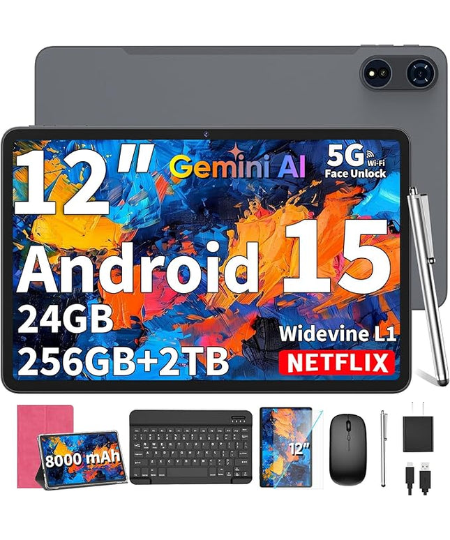 2025 12 Inch Tablet, Android 15 Tablets with Keyboard, 24GB+256GB+2TB Expand, 2K Display, Tablet PC with 5G WiFi, Octa-Core, 8000mAh, BT5.0, GMS, GPS, 2 in 1 Tablets with Case, Mouse, Stylus(Pink)