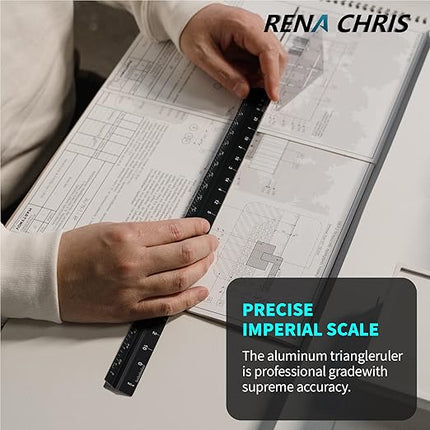 Rena Chris 2PCS Architectural Scale Ruler: 12" Imperial Aluminum Triangular Scale Ruler, Laser-Etched Architecture Ruler, Drafting & Architect Ruler for Architects, Students, Draftsman(Black)