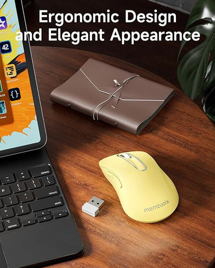 memzuoix 2.4G Wireless Mouse, 1400 DPI Computer Mice USB Receiver, Portable Wireless USB Mouse Battery Powered Cordless Mice for Laptop, PC, Desktop, 5 Buttons (Light Yellow)