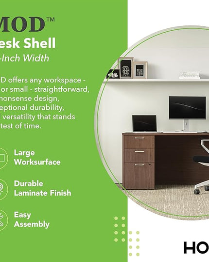 HON MOD Executive Desk 48-Inch Large Computer Desk Shell, Thick Wooden Laminate, Modern Table with Cord Management, 48'W x 30'D x 29'H, Walnut