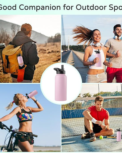 DOMICARE 32 oz Insulated Water Bottle, Vacuum Insulated Stainless Steel Sports Water Bottle with Straw Lid & Spout Lid, Leakproof, Reusable - Travel, Camping, Bike, Pink