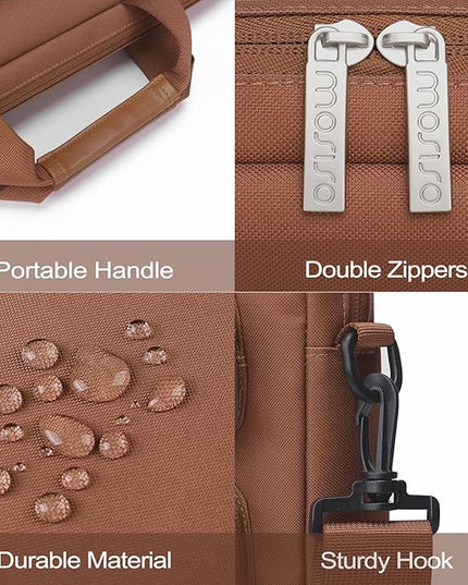 MOSISO Laptop Shoulder Bag 15.6 inch, 15-15.6 inch Computer Bag Compatible with MacBook Pro 16 inch, HP, Dell, Lenovo, Notebook with 2 Raised&1 Flapover&1 Horizontal Pocket&Handle&Belt, Caramel Brown