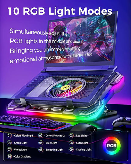 AICHESON Gaming Laptop Cooling Pad with Full RGB Lights, Powerful Cooler Fan Stand for 15-19 inch Gamer Heavy Duty Laptops and PC Computers