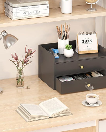 Bamboo Desk Organizer with Drawers Wooden Desktop Storage Drawers for Bills Office Supplies Kitchen Utensils Organizing Tool for Home Classroom Organization No Assembly (2 Drawers, Black)