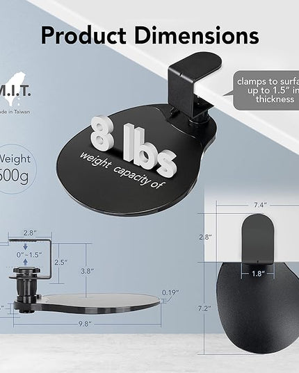 EHO Clamp on Mouse Platform, Clip on Pad Rotating 360 Degree, Ergonomic Mouse Tray Attachment, Mouse Pad, Slide Out Tray, Suitable for 1.5" Thickness Desk, for Home Office Desk Organizer (Platinum)