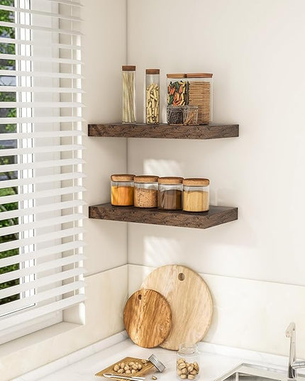 RICHFOCUS 16Inch Floating Shelves for Wall 2 Pack Shelves for Bedroom|Kitchen|Bathroom Wall Mounted Rustic Wood Floating Shelf with Invisible Brackets for Books|Storage|Decor, Rustic Brown