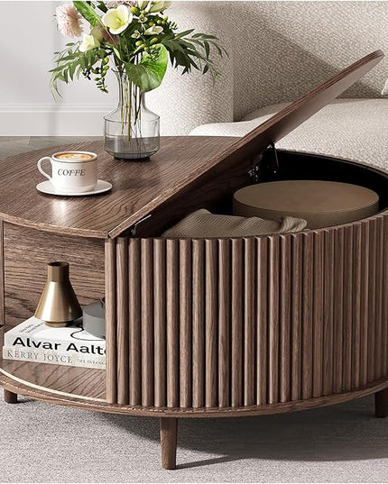 JOINICE,Round Coffee Table with Storage, 31.5" Fluted Center Table for Living Room, Modern Walnut Wood Circle Drum Table with Sliding Cabinet Door, Mid Century Furniture for Small Space
