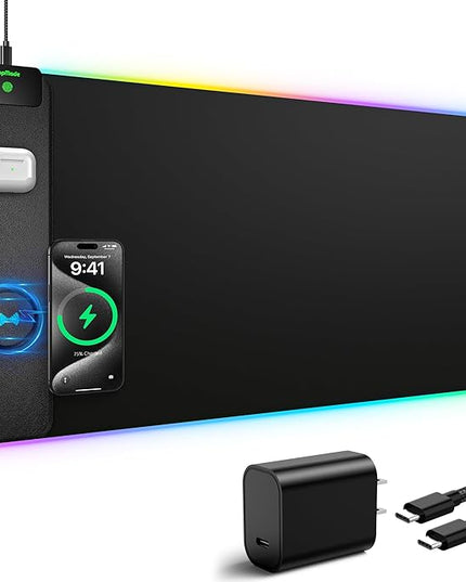 TopMade RGB Gaming Mouse Pad with 15W Wireless Charging, 31.5” x 15.8” XXL Large Desk Mat Home Office Keyboard Pad for Desk, Waterproof Mousepad with 4 Light Modes & 11 RGB Colors, Classic Black