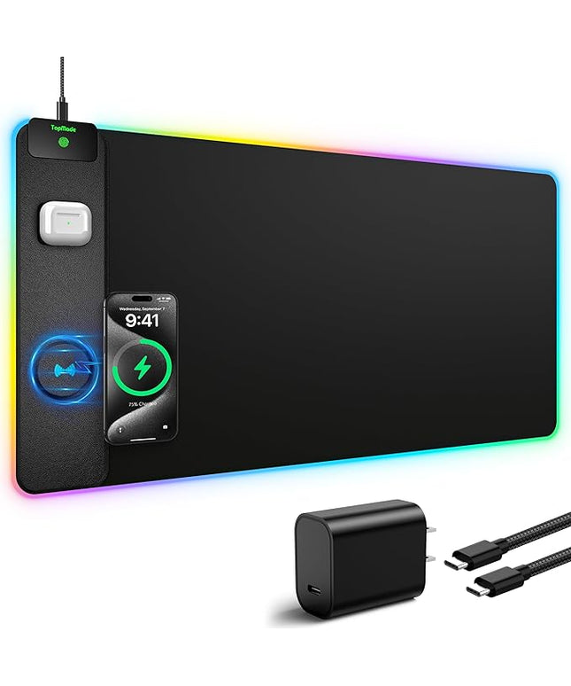 TopMade RGB Gaming Mouse Pad with 15W Wireless Charging, 31.5” x 15.8” XXL Large Desk Mat Home Office Keyboard Pad for Desk, Waterproof Mousepad with 4 Light Modes & 11 RGB Colors, Classic Black