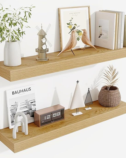 Fun Memories Floating Shelves 30 Inch, Wall Mounted Wood Shelf Set of 2, Farmhouse Decor for Bathroom, Bedroom, Kitchen, Living Room, Oak
