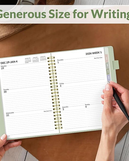 SUNEE 2026 Weekly & Monthly Planner 6.4"x8.5"- 12 Month (January 2026 - December 2026), Vegan Leather Cover, Pocket, Bookmark, Notes, Monthly Tab, Sage Green
