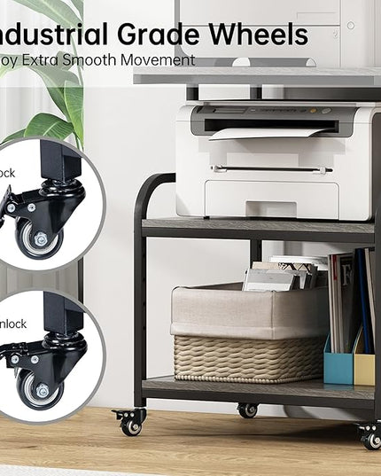 Large Printer Stand Table 23.6 x18.9 x 30 Inches with Height Adjustable Storage Shelf, 3 Tier Rolling Printer Cart with Wheels for Home Office, Gray