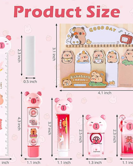 Kogcmeetl 7 Pcs Cute Capybara Stationary Set Kawaii School Supplies Japanese Stationery, Includes Pencil Sharpener, Eraser, Correction Tape, Glue Tape, Sticky Notes, Ruler, for Office School Supplies