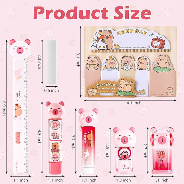 Kogcmeetl 7 Pcs Cute Capybara Stationary Set Kawaii School Supplies Japanese Stationery, Includes Pencil Sharpener, Eraser, Correction Tape, Glue Tape, Sticky Notes, Ruler, for Office School Supplies