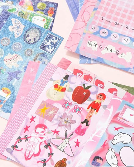 Japanese Manga Sticker Book 2-Pack,60 Sheets with Glitter, Matte and Writable Note Stickers for Journaling, Ins Style Scrapbook Supplies, 5.8 x 4.1 Inch Kawaii Sticker Set
