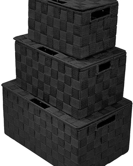 Sorbus Set of 3 Black Woven Storage Baskets with Lids – Mesh Hand-Woven Bins for Closet, Shelf, and Linen Organization – Variety Pack