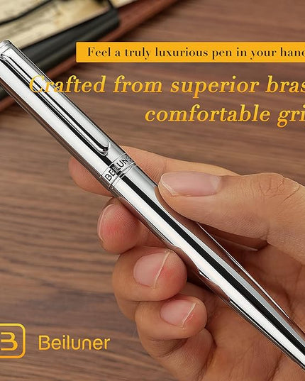 BEILUNER Silver Fountain Pen,Stunning Luxury Pens with Bright Silver Chrome, Gorgeous 24K Gilded Nib(Fine),Gift Pen Set for Men&Women -Ink Converter-Elegant, Professional, Nice Pen for Writing