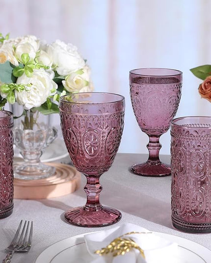 Purple Drinking Glasses Set of 4, Vintage Drinking Glasses, Colored Glassware Drinking, Highball Beverage Glasses Cup, Vintage Glassware Set for Water, Juice, Cocktail, Coffee